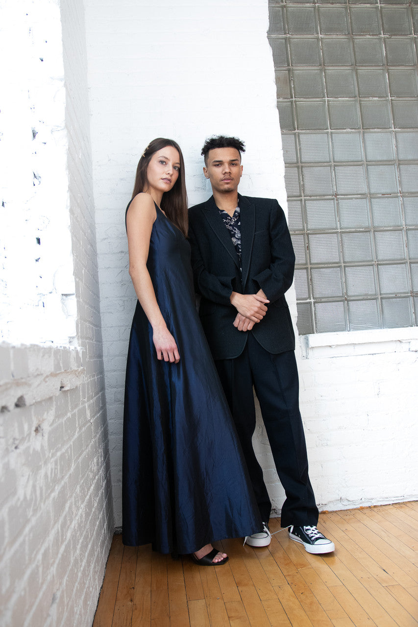 Vintage Navy Satin A-Line Maxi Dress