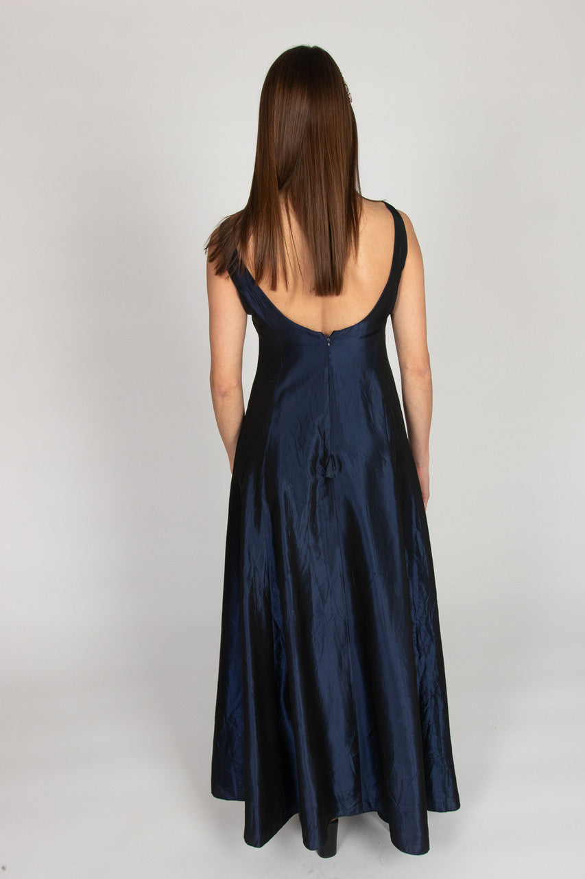 Vintage Navy Satin A-Line Maxi Dress