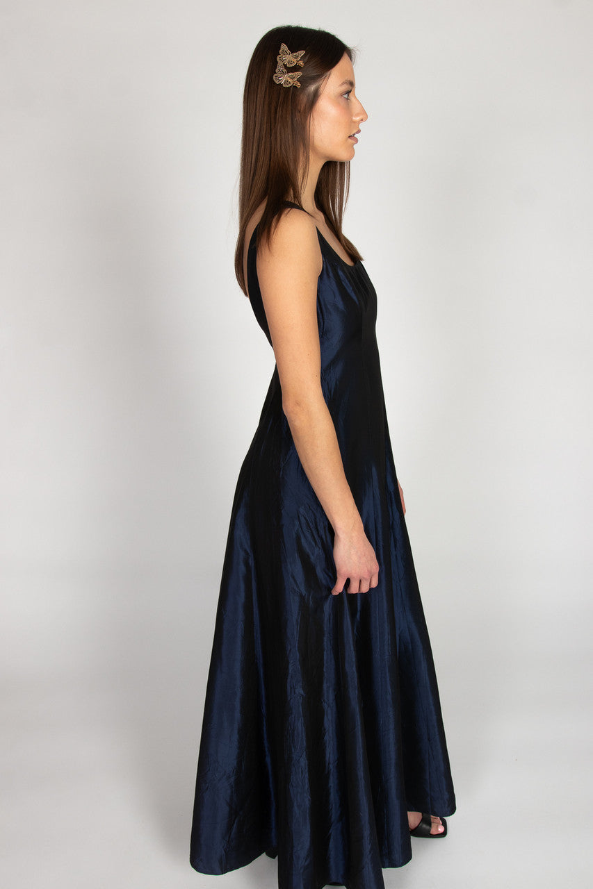 Vintage Navy Satin A-Line Maxi Dress