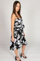 Black & White Leaves Strapless Dress