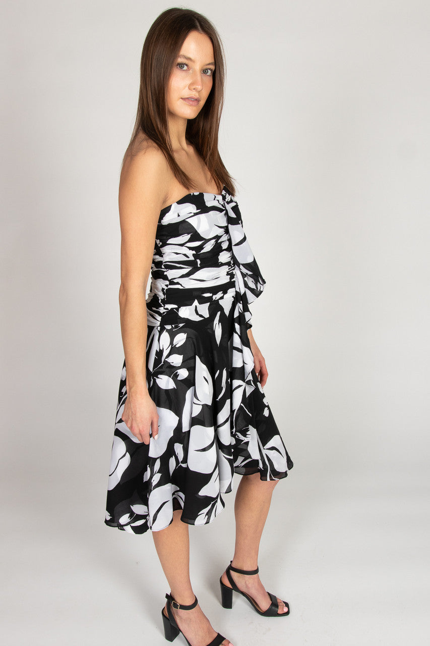 Black & White Leaves Strapless Dress