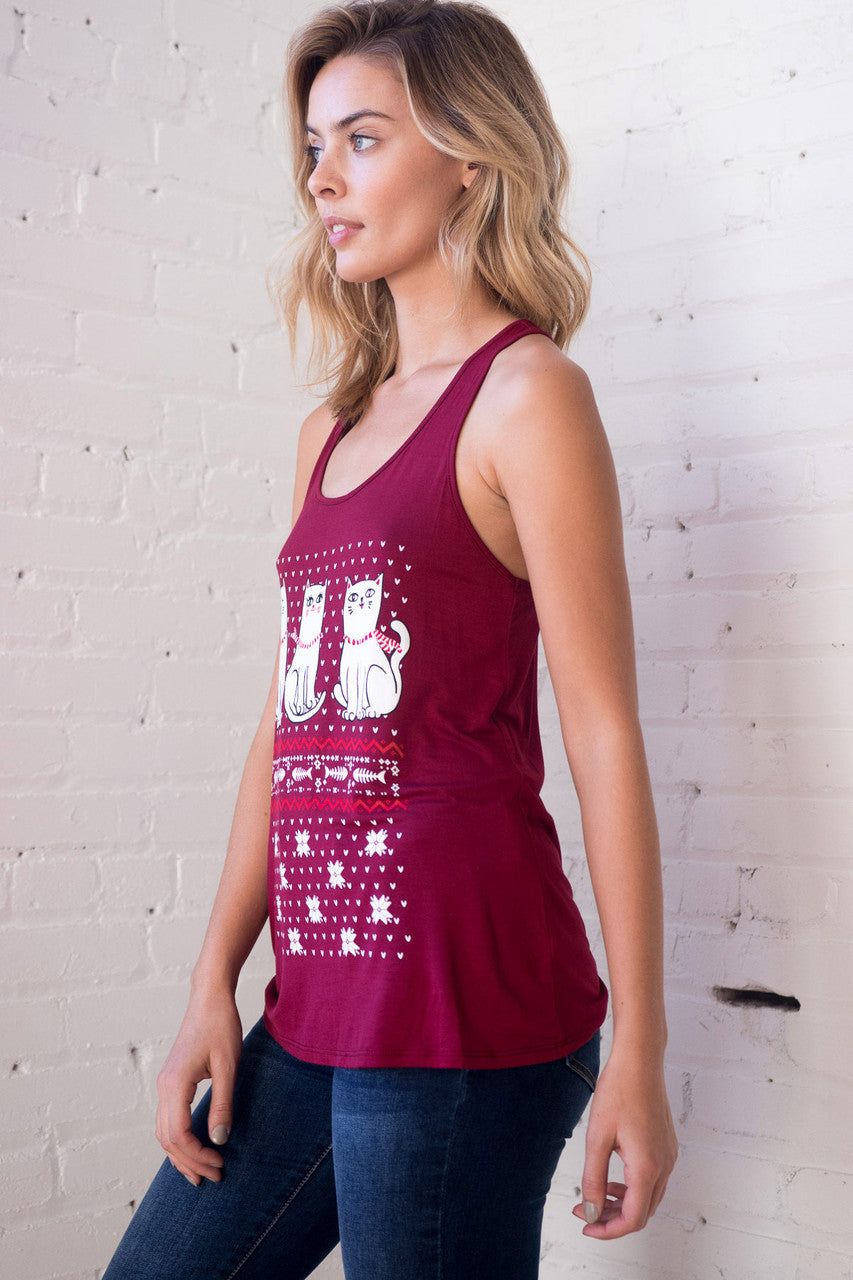Red Fair Isle Cat Graphic Tank