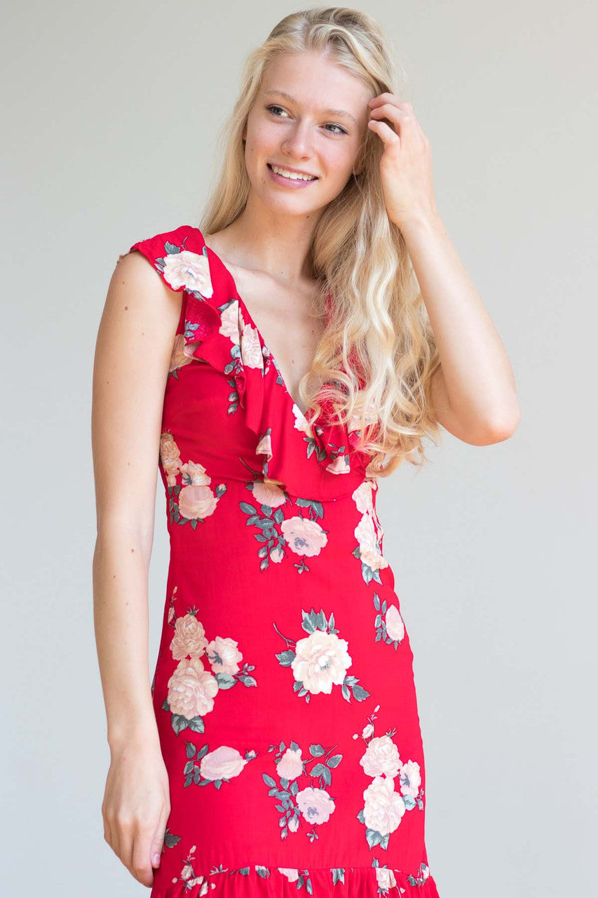Red Floral Ruffle Flounce Dress