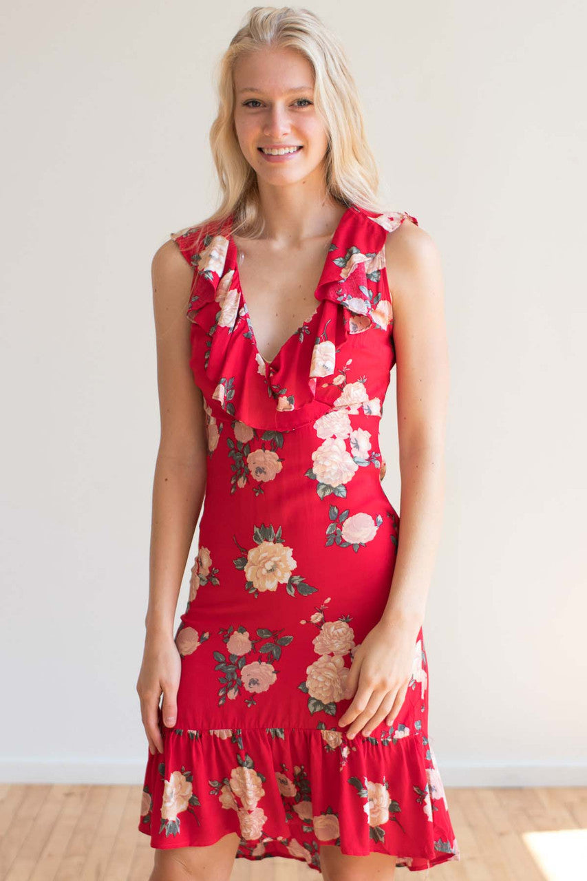 Red Floral Ruffle Flounce Dress