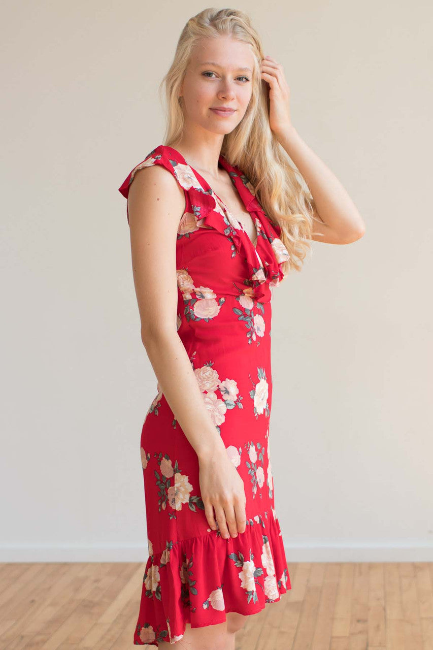 Red Floral Ruffle Flounce Dress