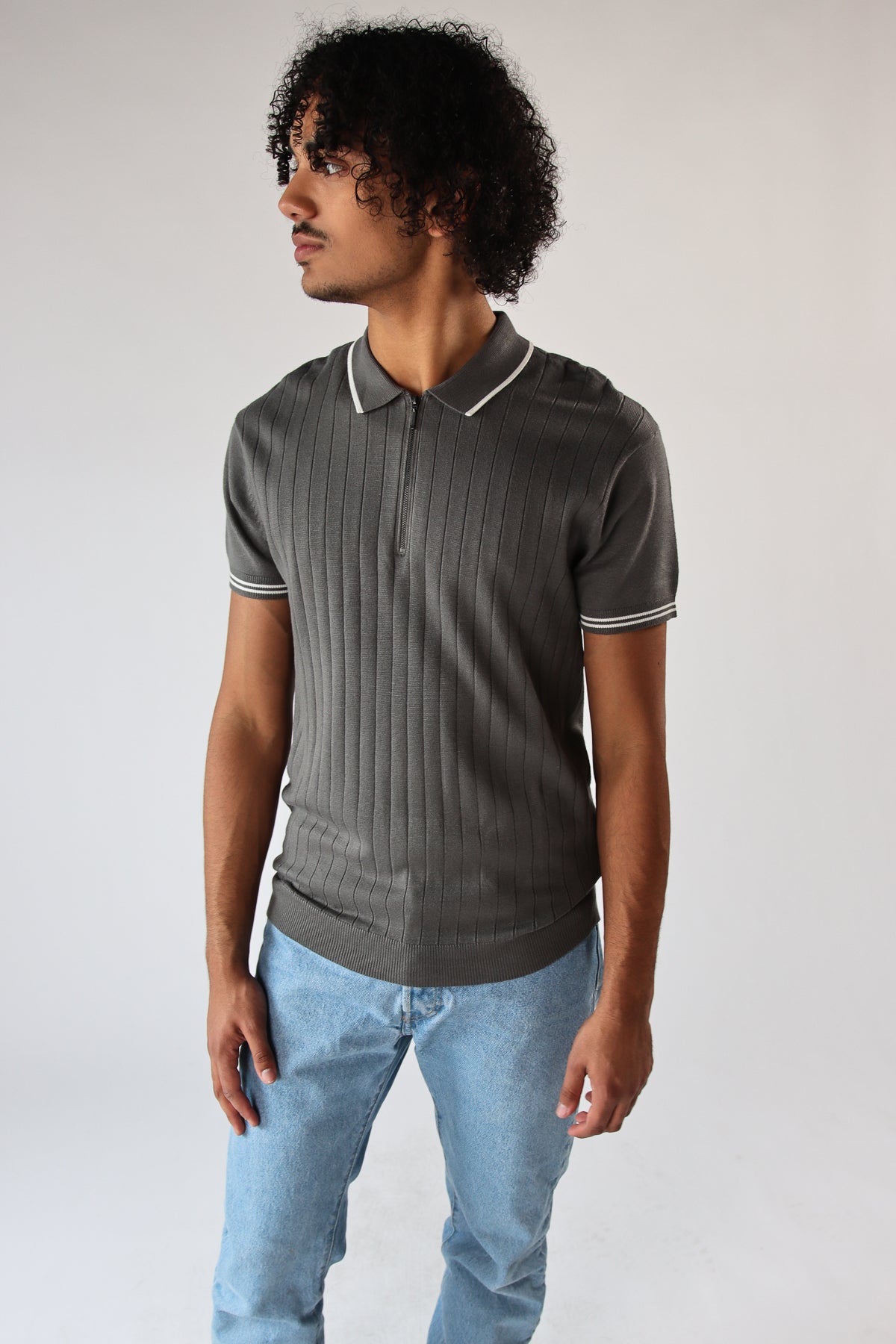 Ribbed Knit Zipper Polo