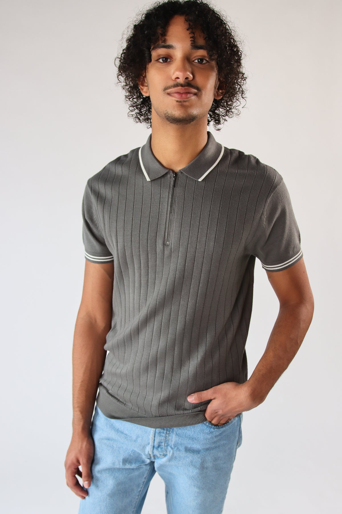 Ribbed Knit Zipper Polo