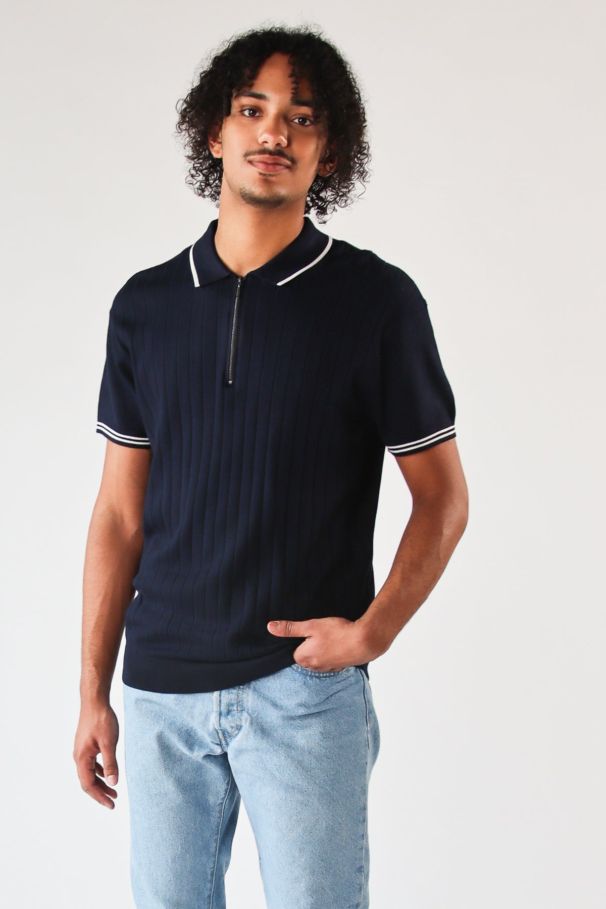 Ribbed Knit Zipper Polo