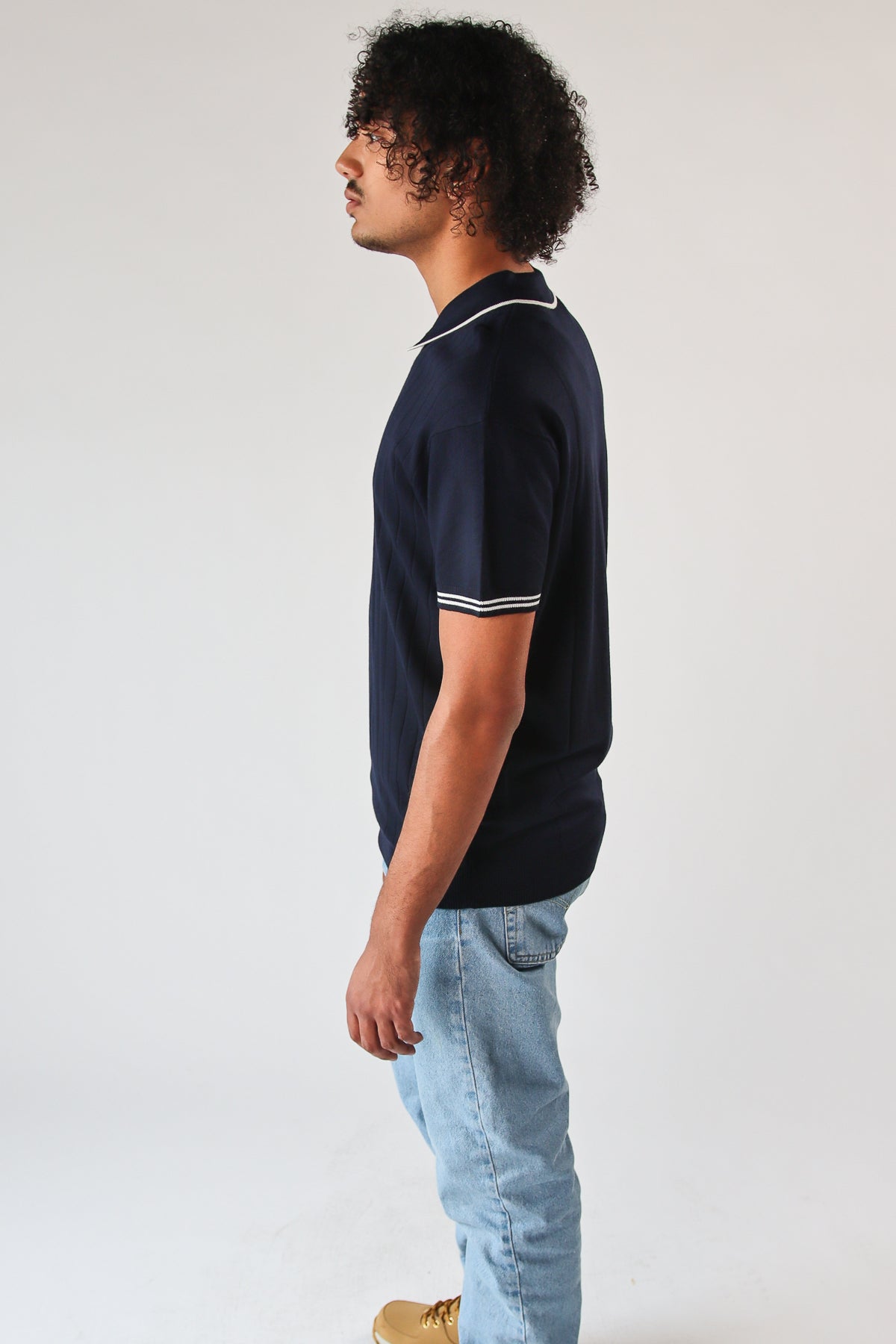 Ribbed Knit Zipper Polo