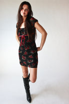 Rose Print Mesh Empire Waist Mini Dress