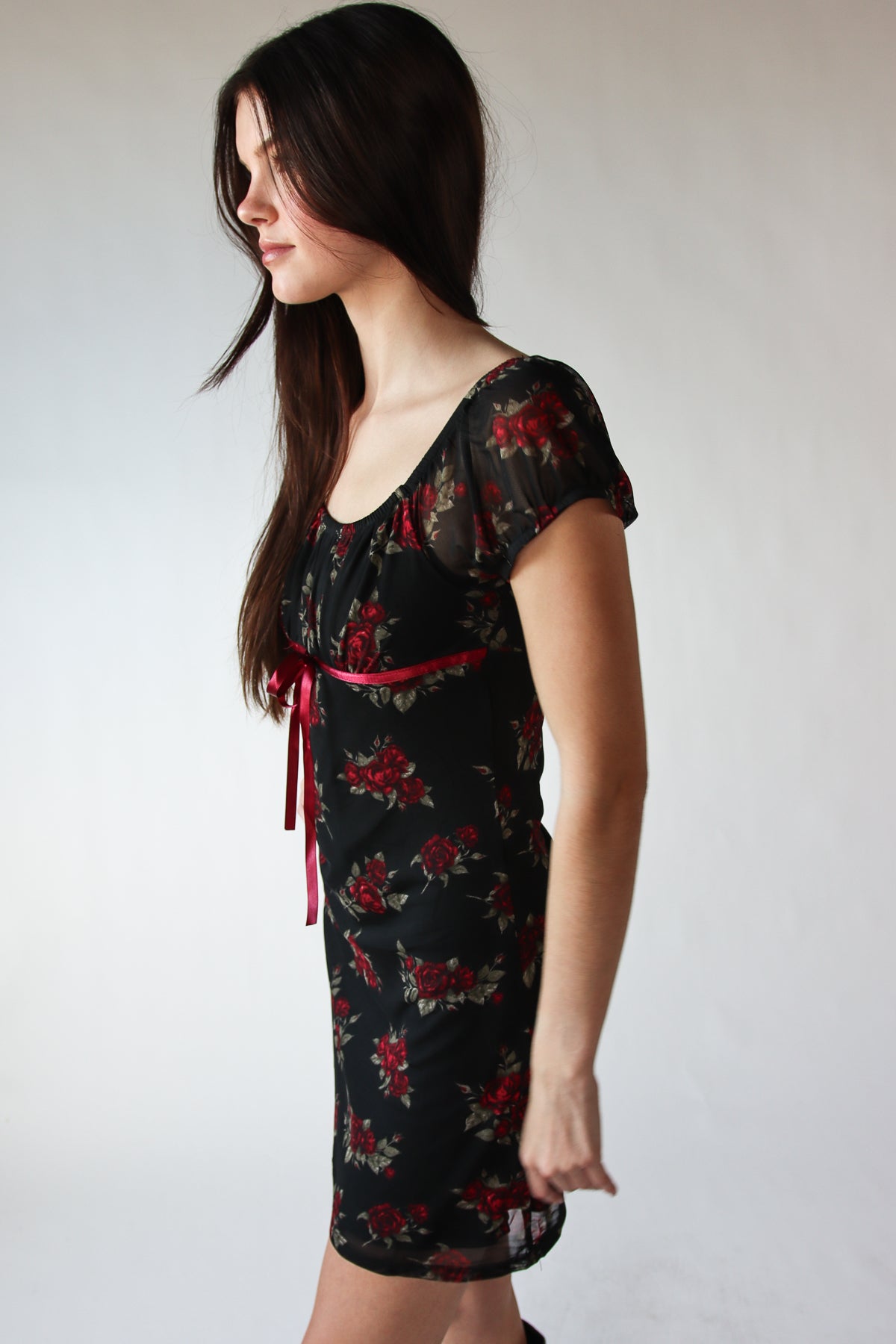 rose print mesh dress Rose Print Mesh Empire Waist Mini Dress