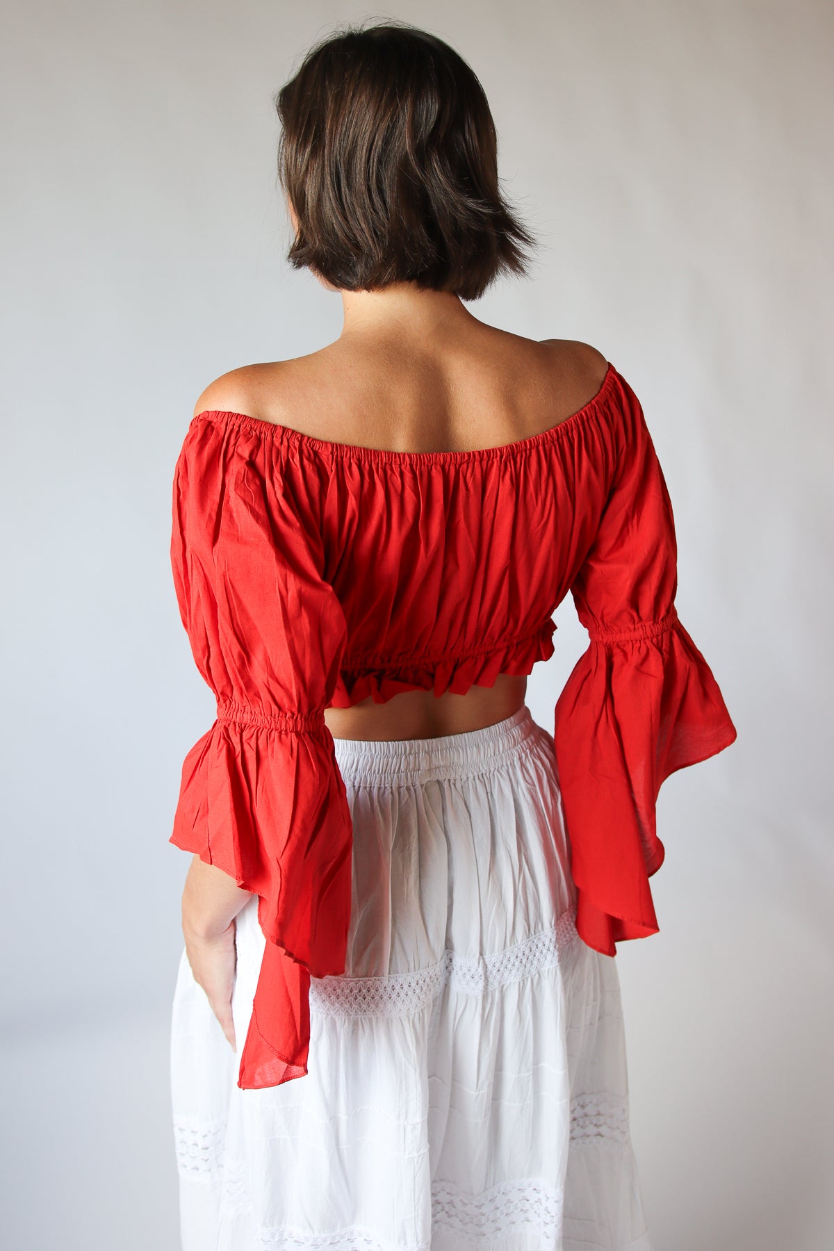 Ruched Cropped Peasant Top