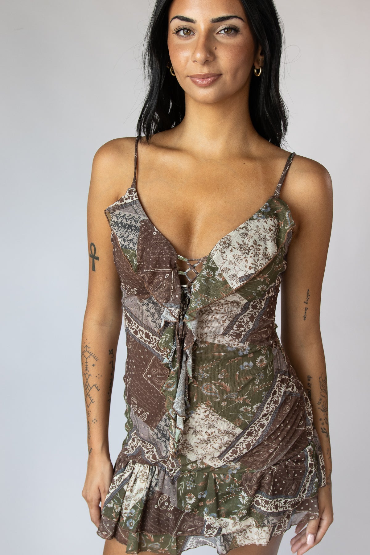 Ruffled Lace Up Front Dress