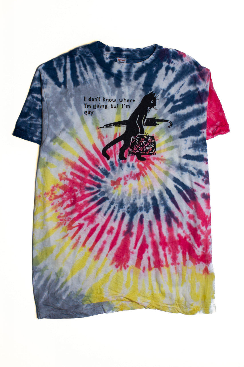 Rainbow Gay Cat Tie Dye Screen Print T-Shirt