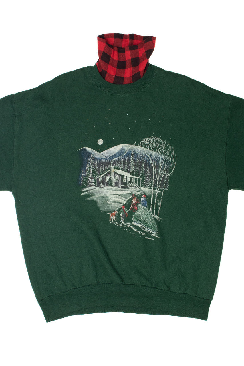 Vintage Winter Scene With Buffalo Plaid Faux Turtleneck Sweatshirt