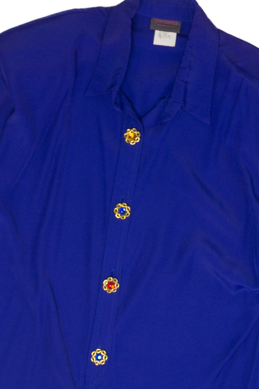 Vintage 1980s Tina Barrie royal blue top with shoulder pads and decorative multicolored buttons on front closure
