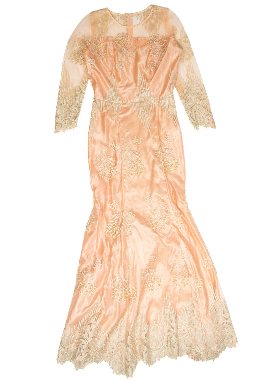 Vintage pink 1980s formal dress with lace sleeves and floral embroidery on satin fabric