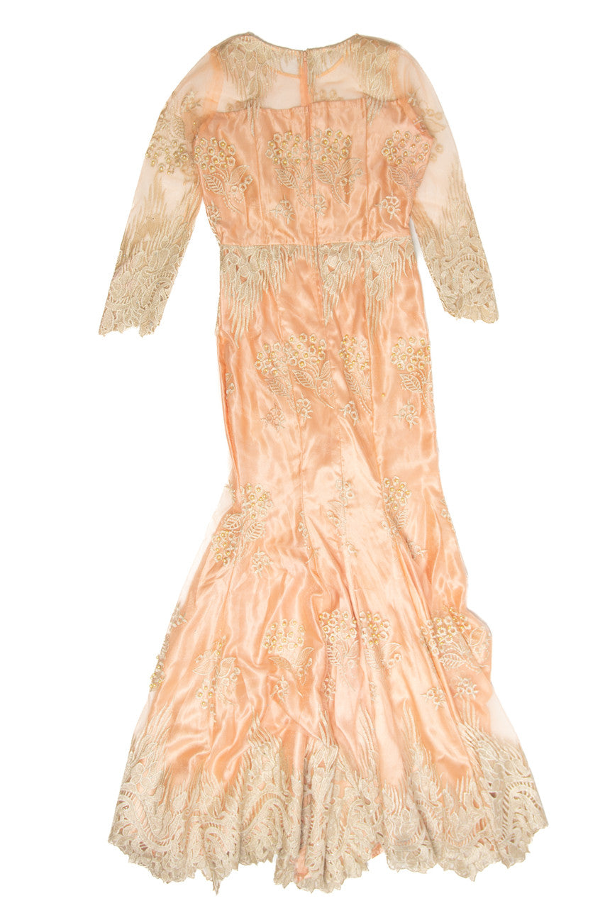 Vintage 1980s pink formal dress with lace sleeves and intricate floral embroidery detailing on sheer fabric