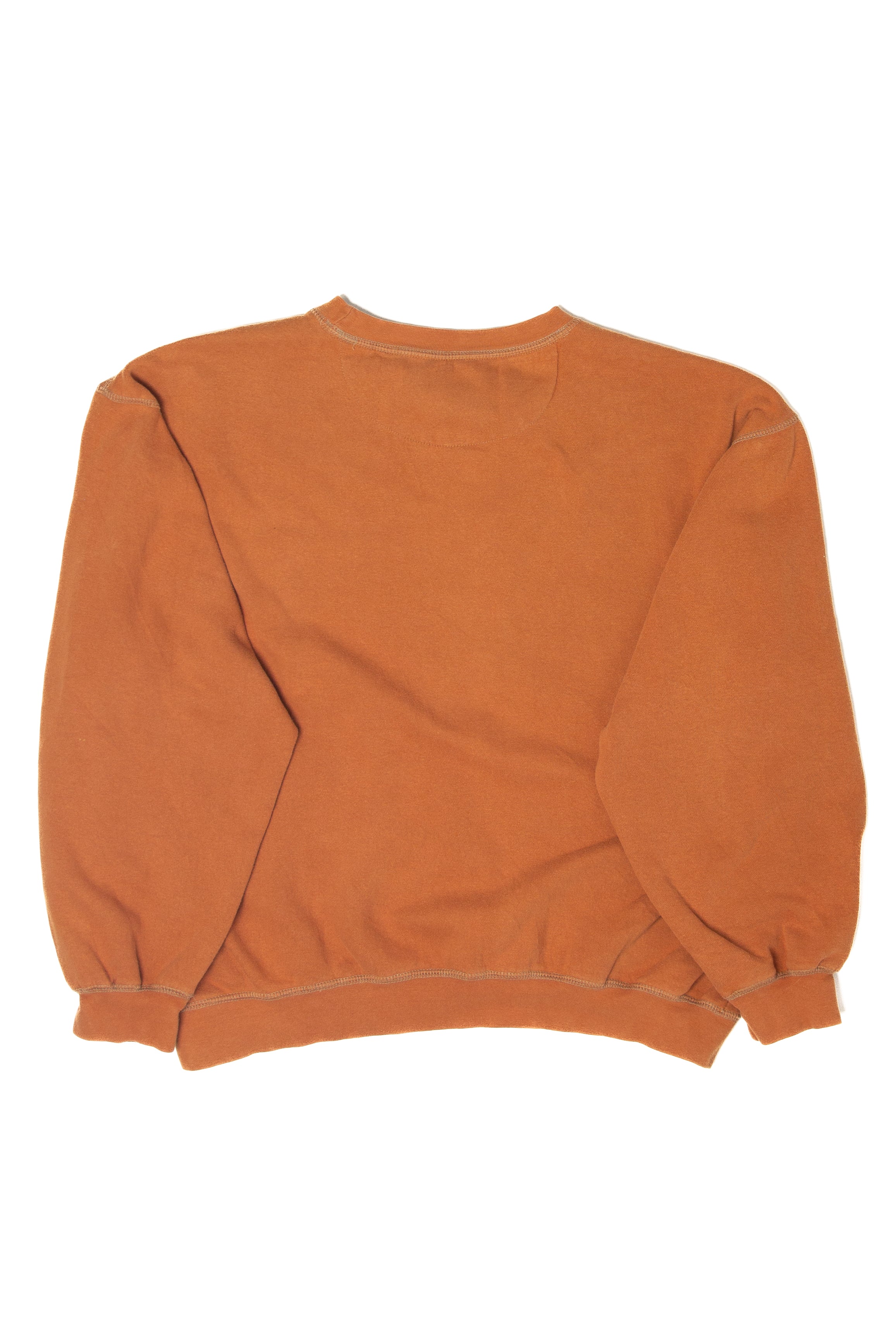 Rust-colored Buckmaster Buckhorn River sweatshirt from 2000s with ribbed cuffs and hem shown from the back