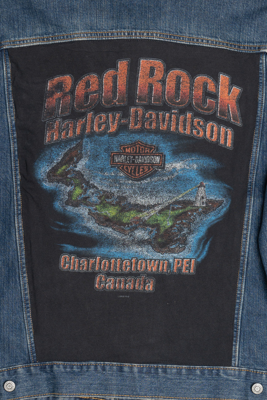 Upcycled Harley Davidson Red Rock Back Patch Denim Jacket