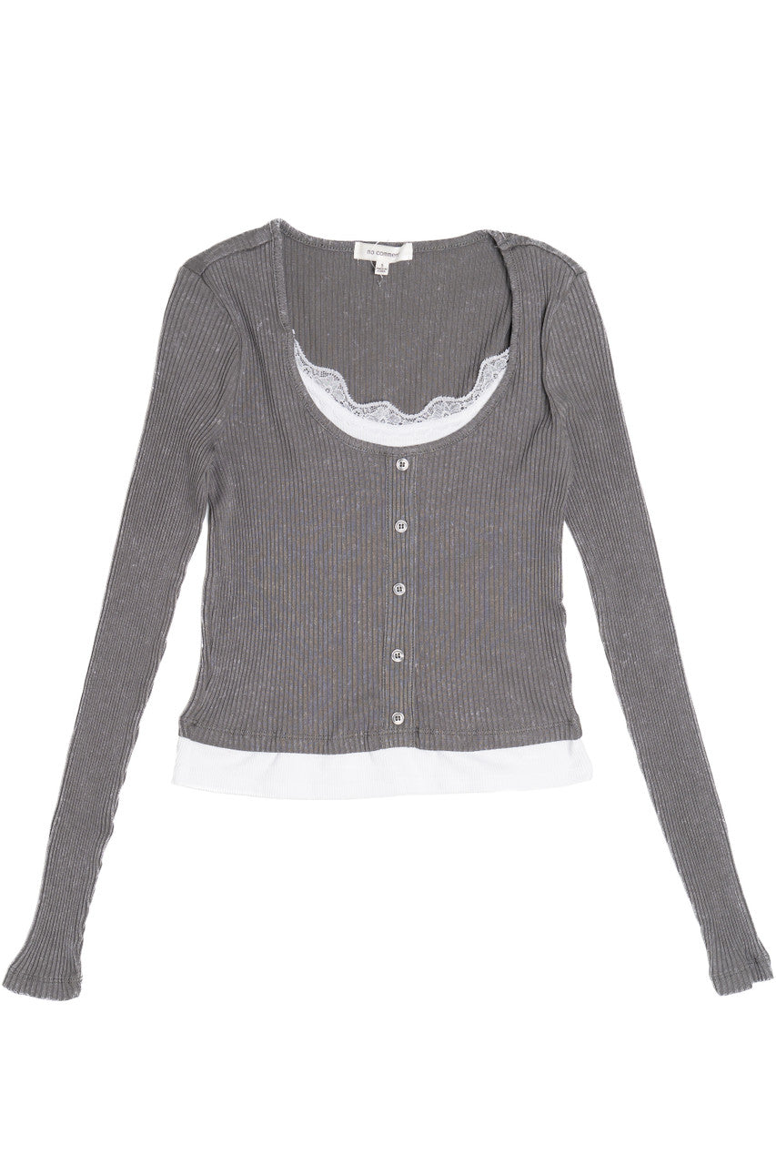 Lace Trim Ribbed Long Sleeve Top