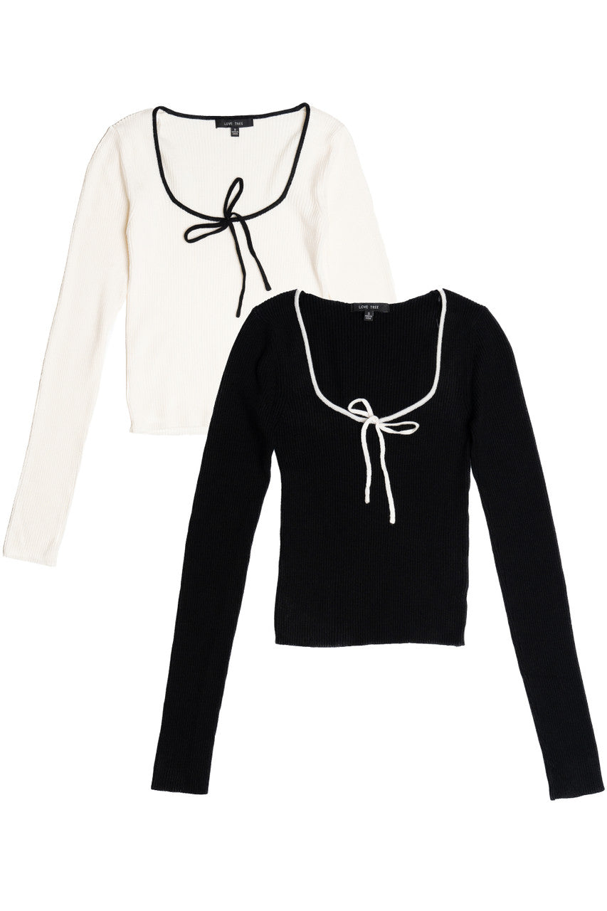 Tie Neck Ribbed Sweater