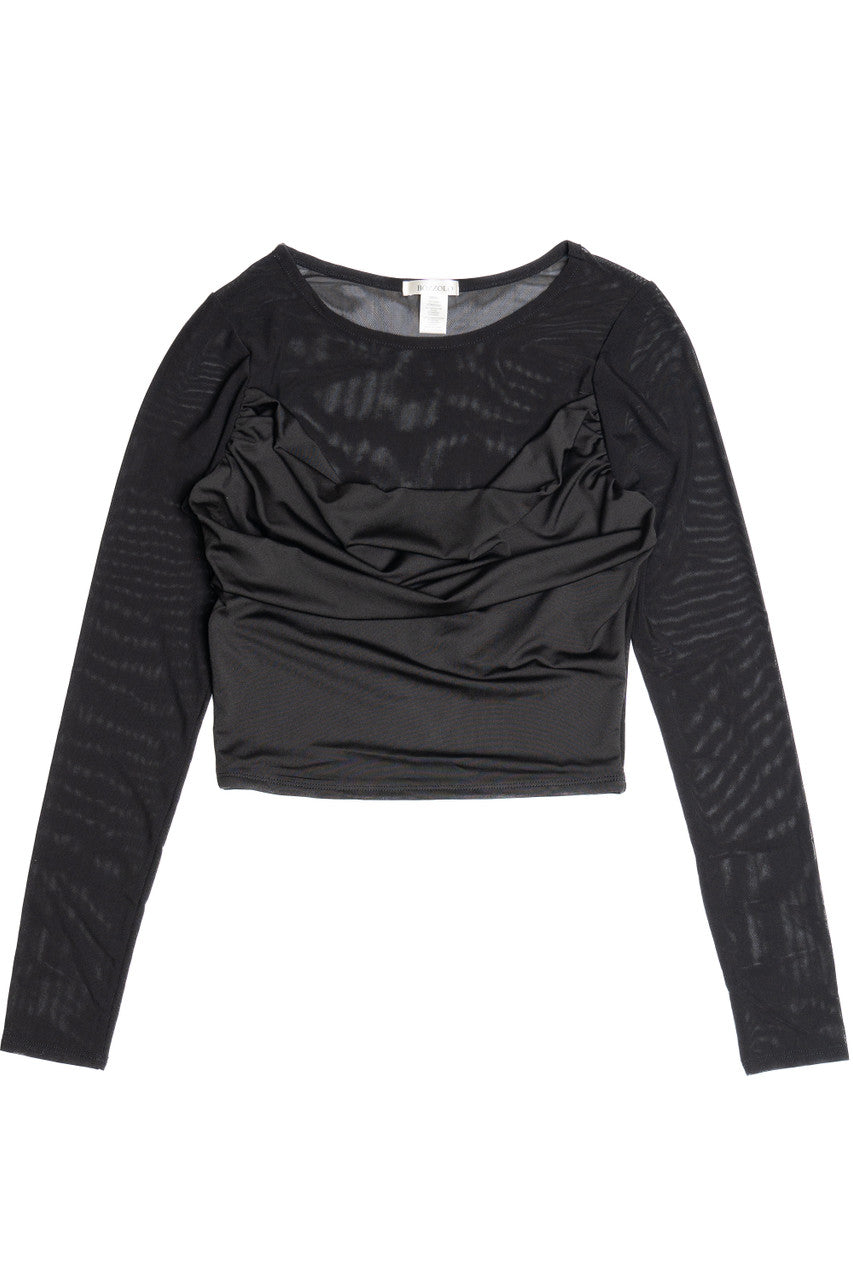 Mesh Long Sleeve Top With Cowl Overlay