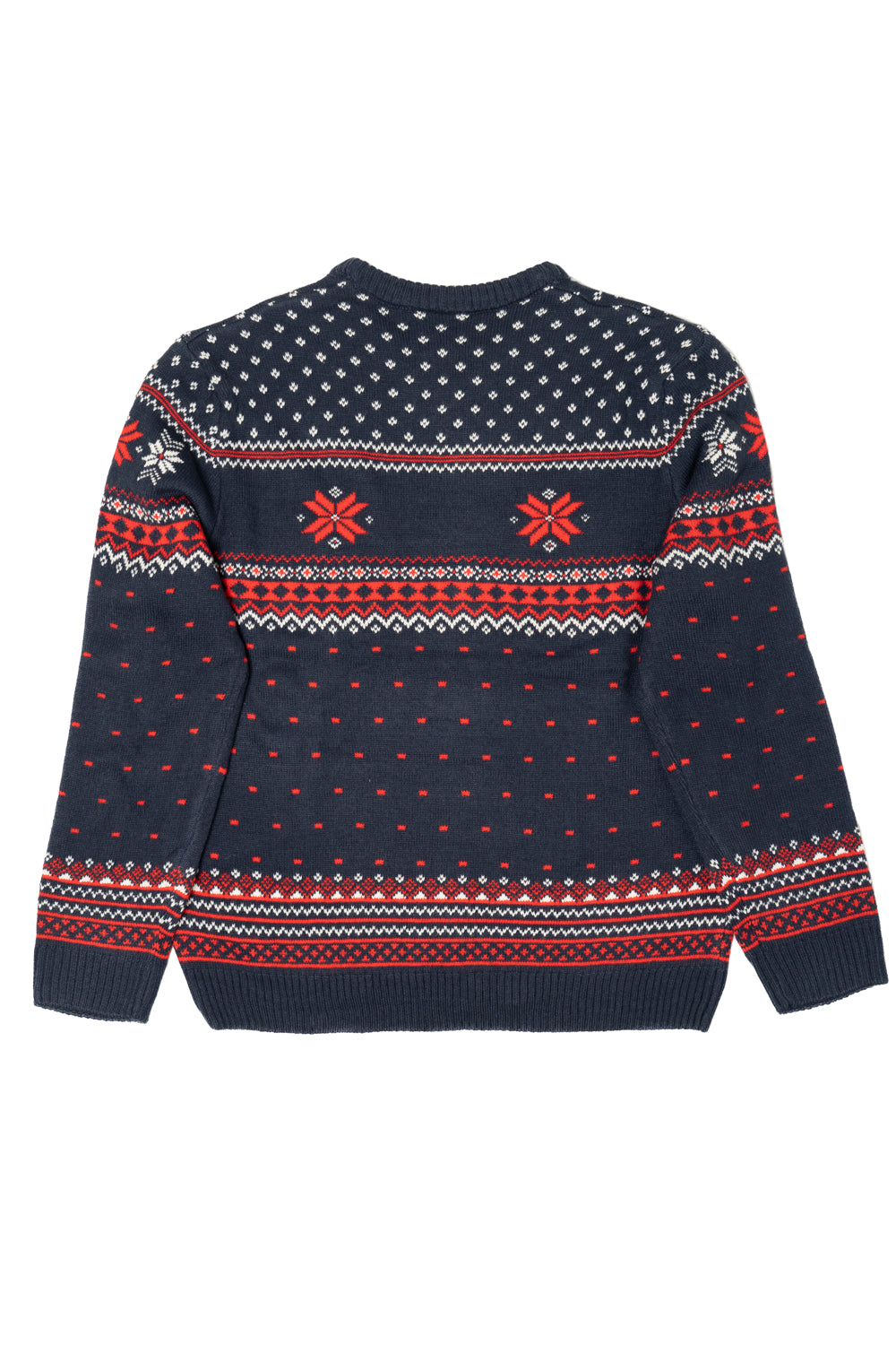 Navy sweater with red and white pattern on a white background