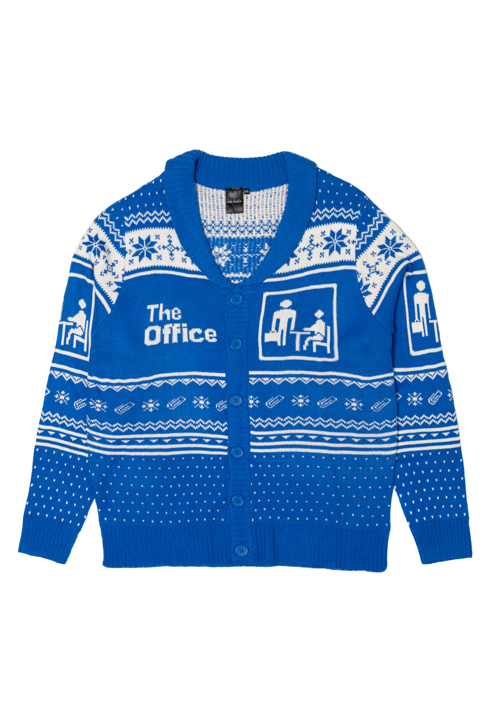 Blue sweater with white patterns and 'The Office' text on a white background