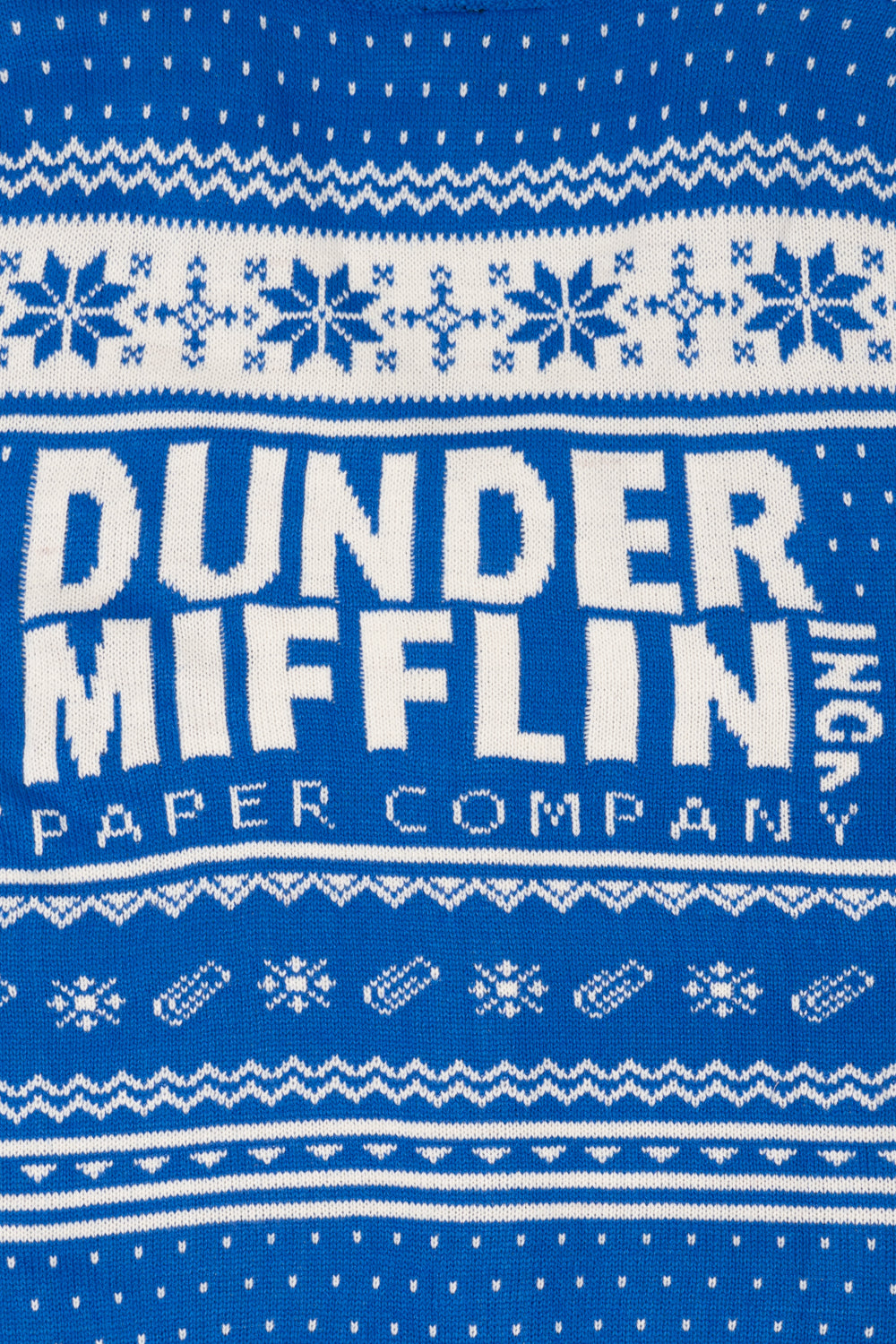 Blue sweater with 'Dunder Mifflin Paper Company' text and snowflake pattern