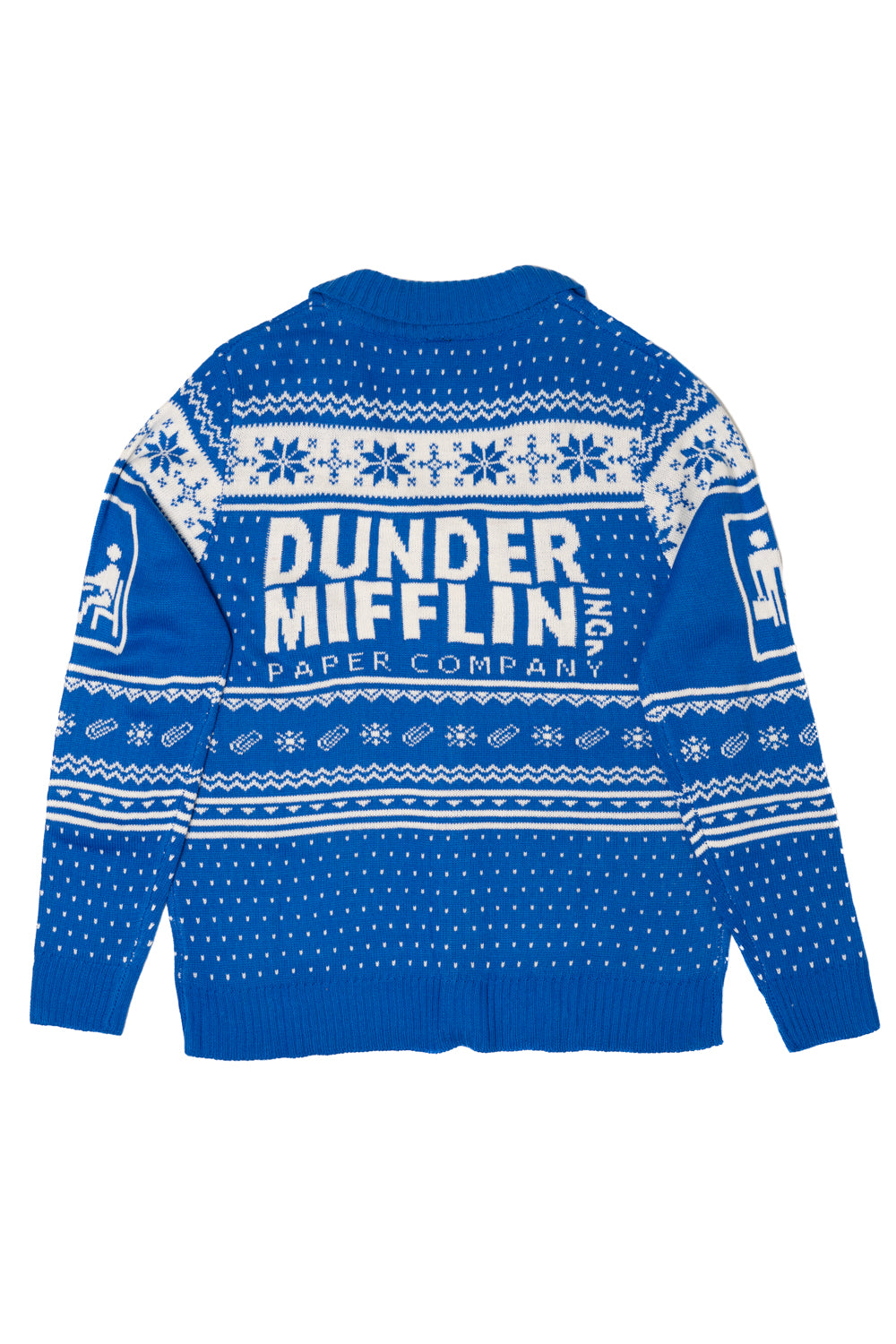 Blue sweater with 'Dunder Mifflin Paper Company' text and patterns on a white background
