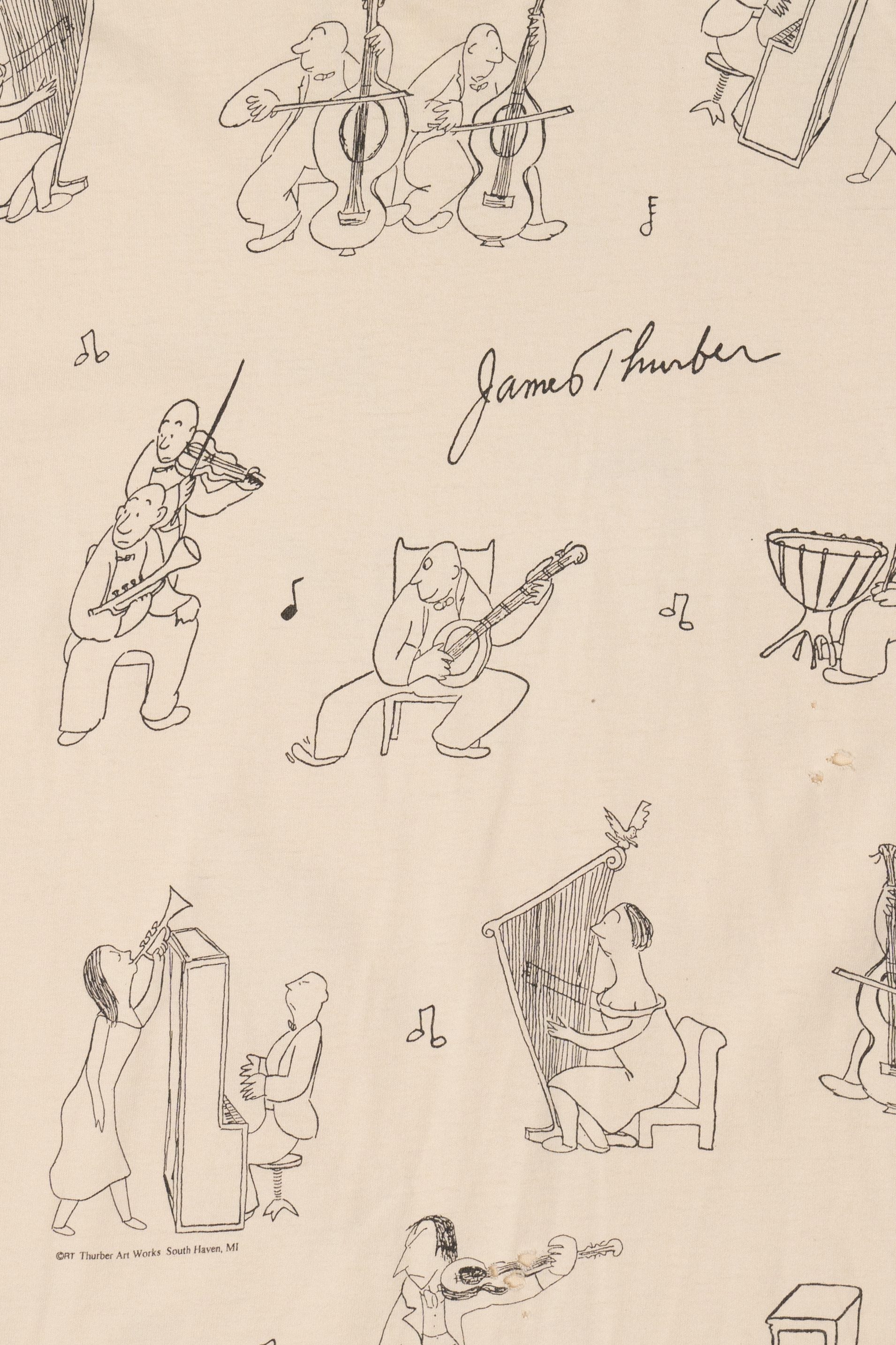 Vintage Distressed James Thurber Musicians All Over Print Single Stitch T-Shirt (1990s)