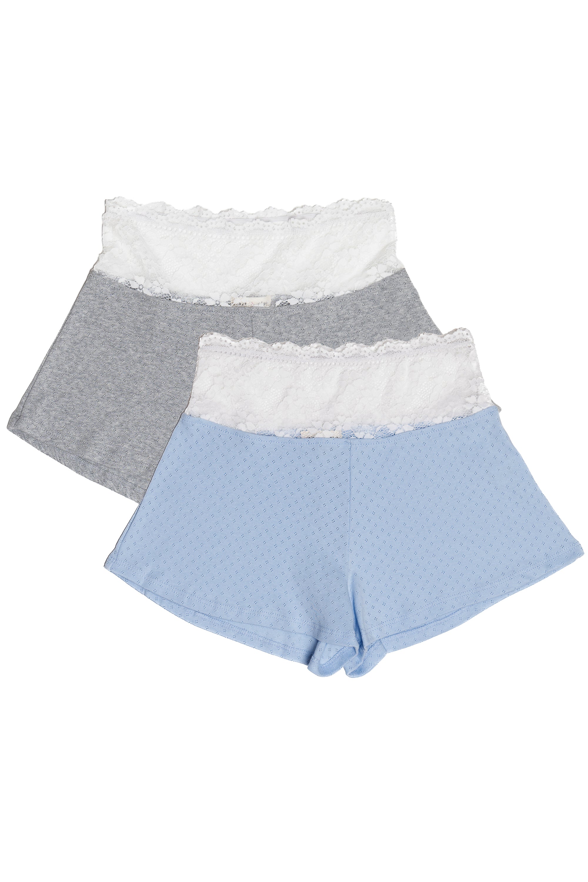 Gray And Light Blue Lace Hem Pointelle Shorts