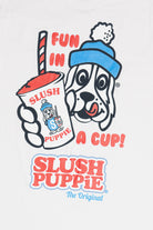 Detail Of White T-Shirt With Slush Puppie Slogan and Graphic "Fun In A Cup"