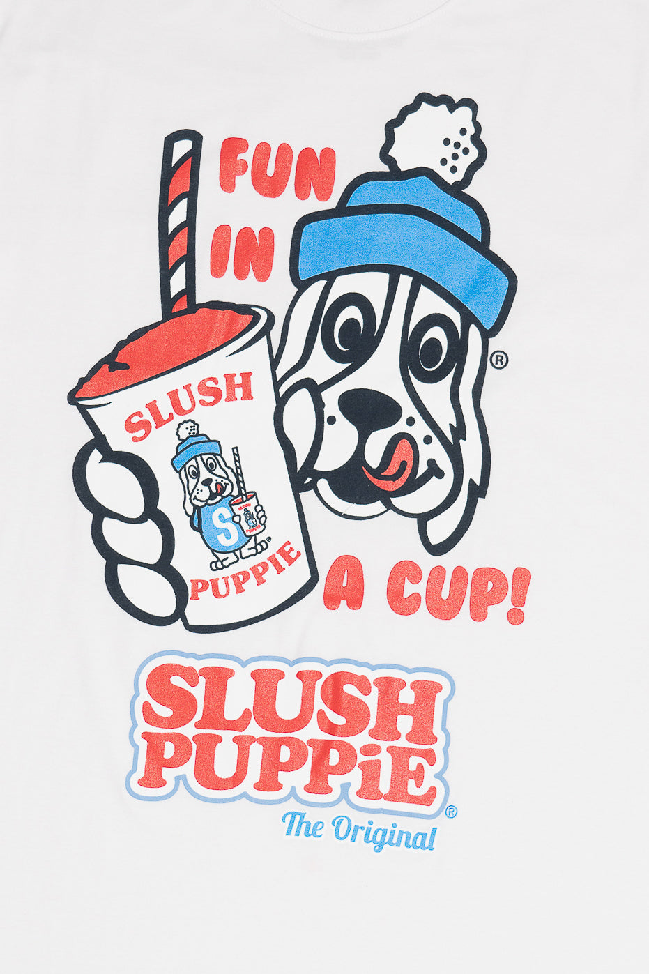 Detail Of White T-Shirt With Slush Puppie Slogan and Graphic "Fun In A Cup"