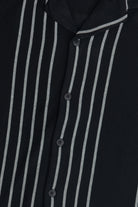 Black and White Striped Woven Button Up Shirt Close Up