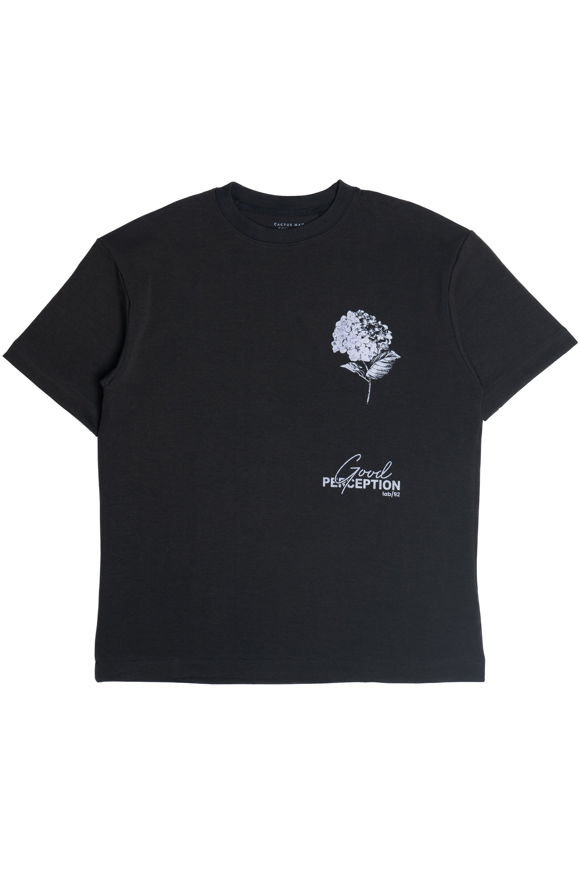 Black t-shirt with white floral design and text on a white background