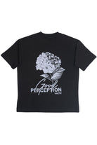 Black t-shirt with white floral design and text on a white background