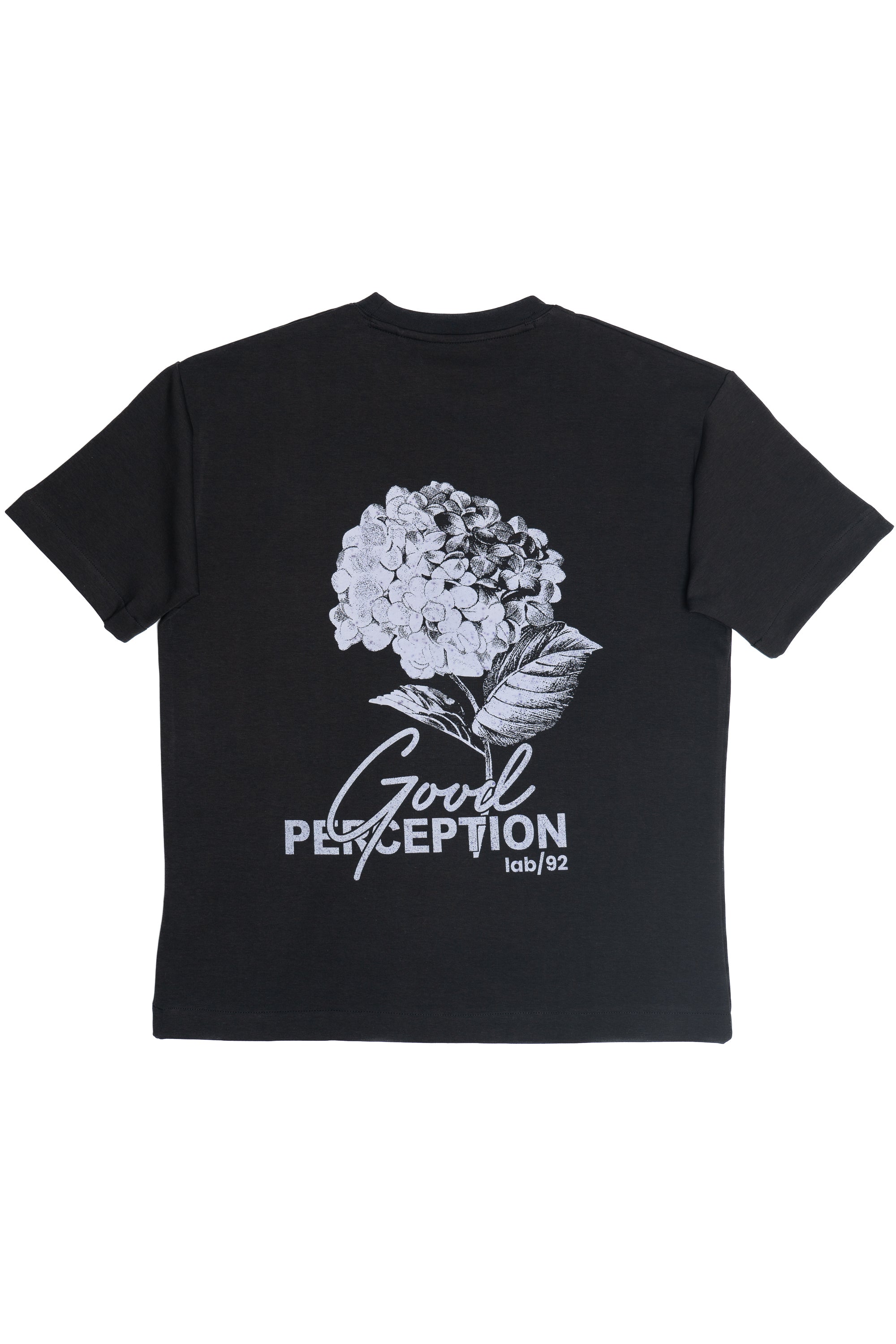 Black t-shirt with white floral design and text on a white background