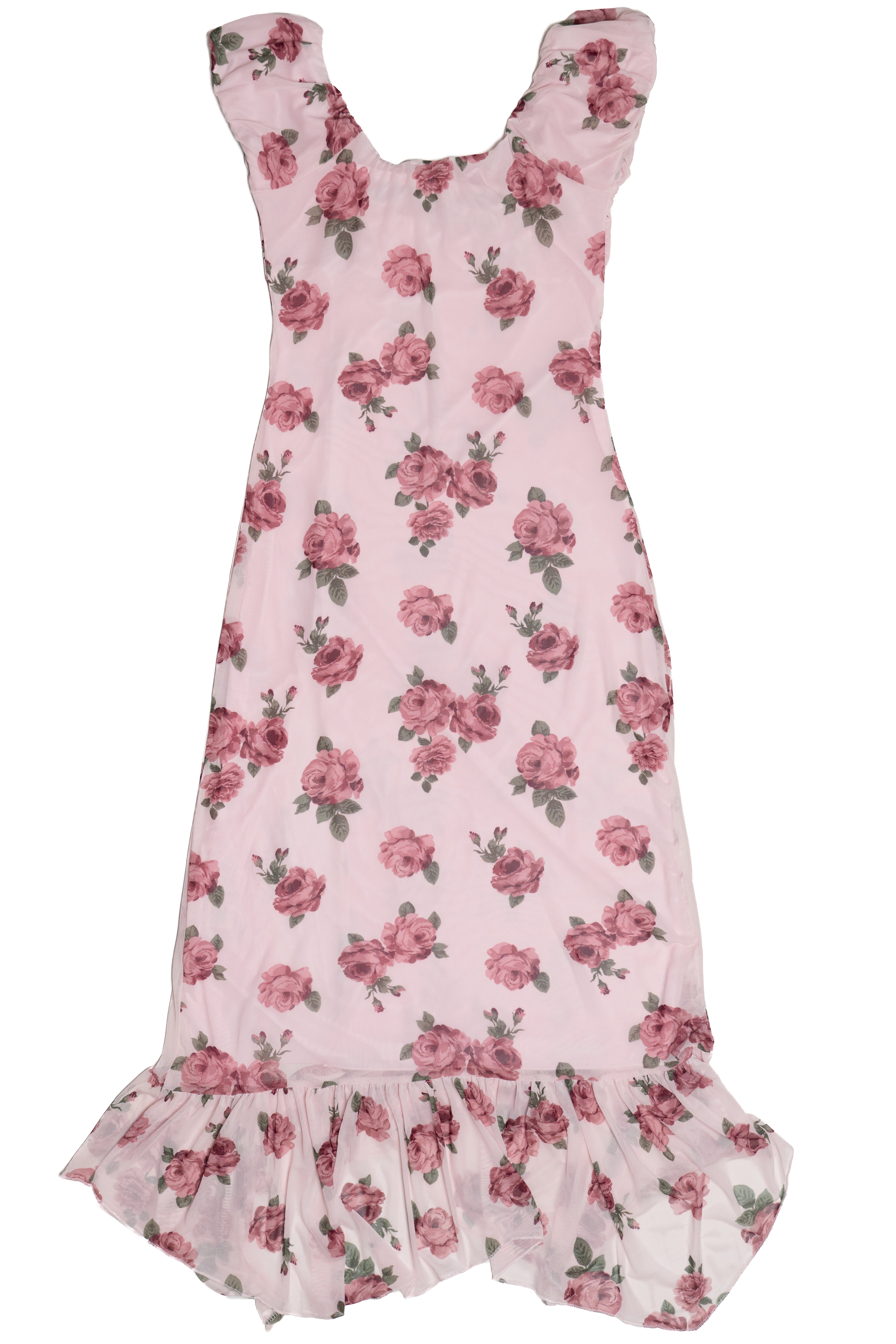 Mesh Puff Sleeve Hanky Hem Maxi Dress