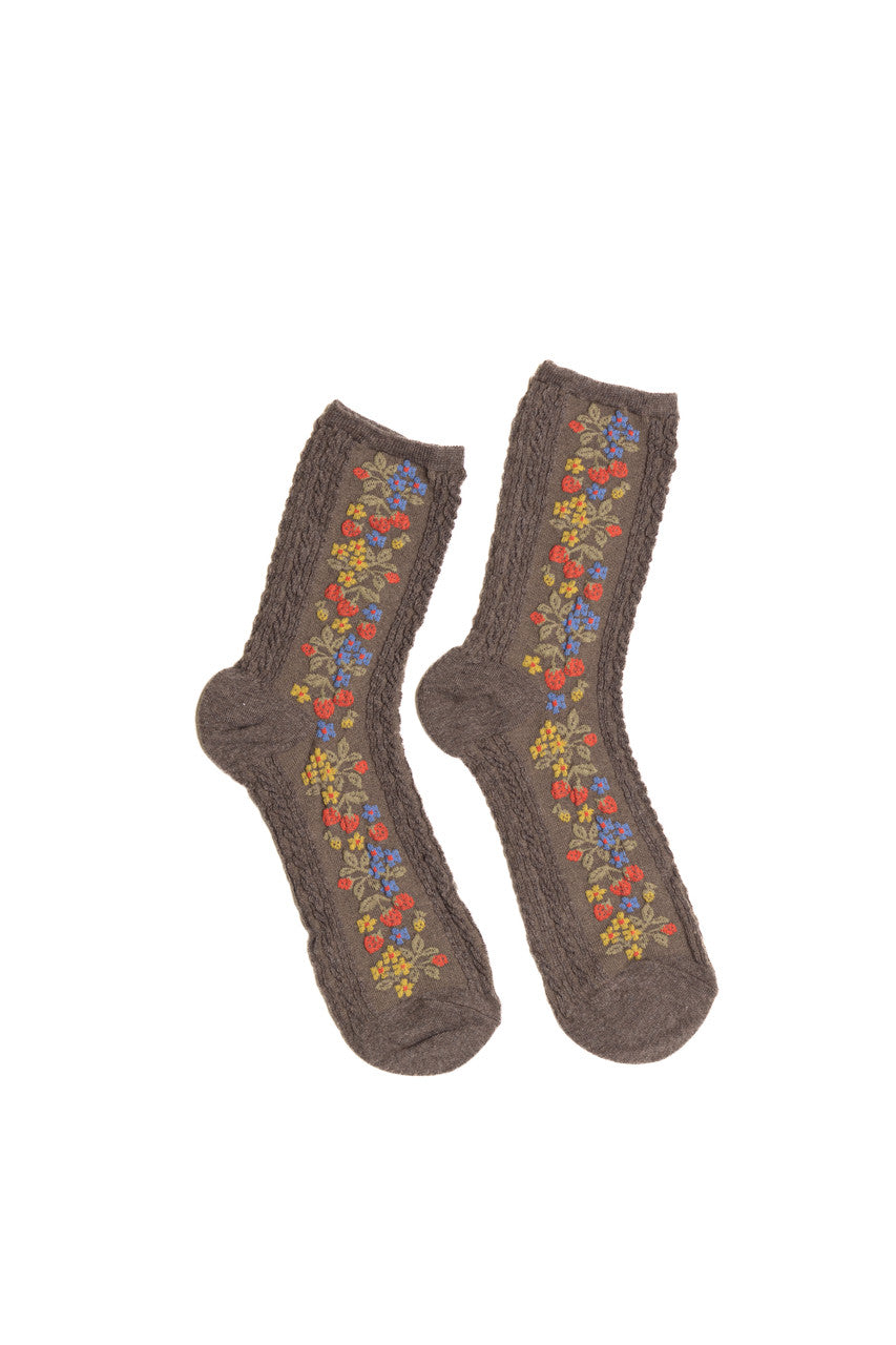 Brown Strawberry Floral Twist Socks - 1 Pair