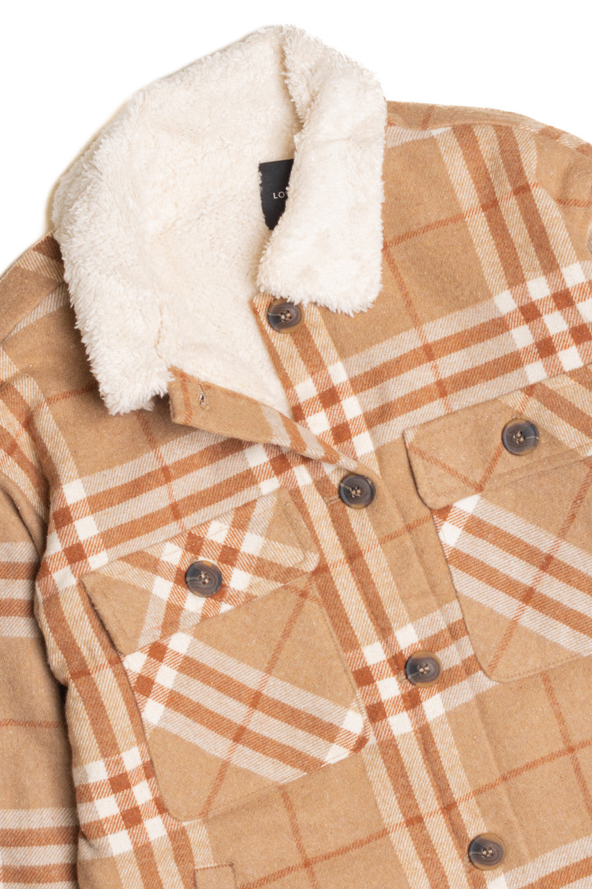 Camel Sherpa Collar Plaid Trucker Jacket