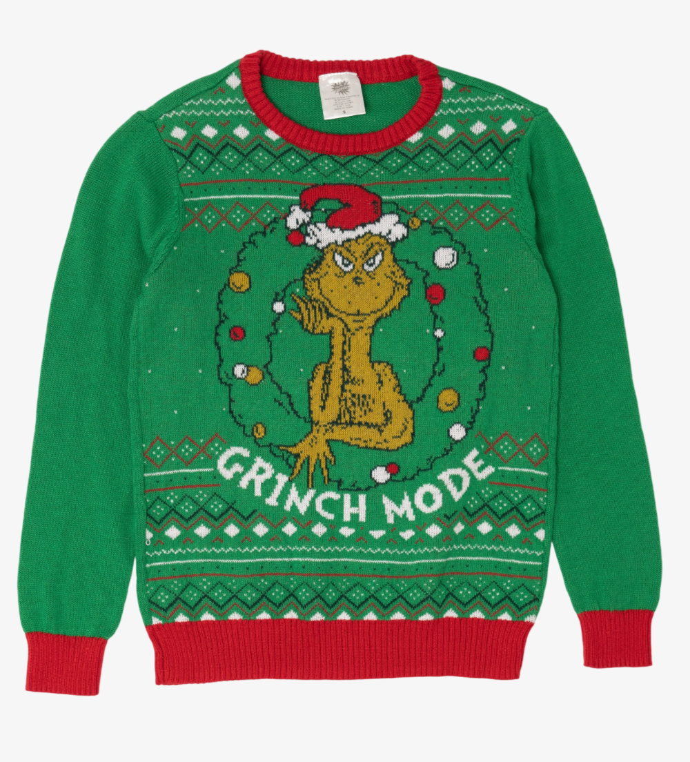 Green holiday sweater featuring the Grinch inside a Christmas wreath with the text GRINCH MODE