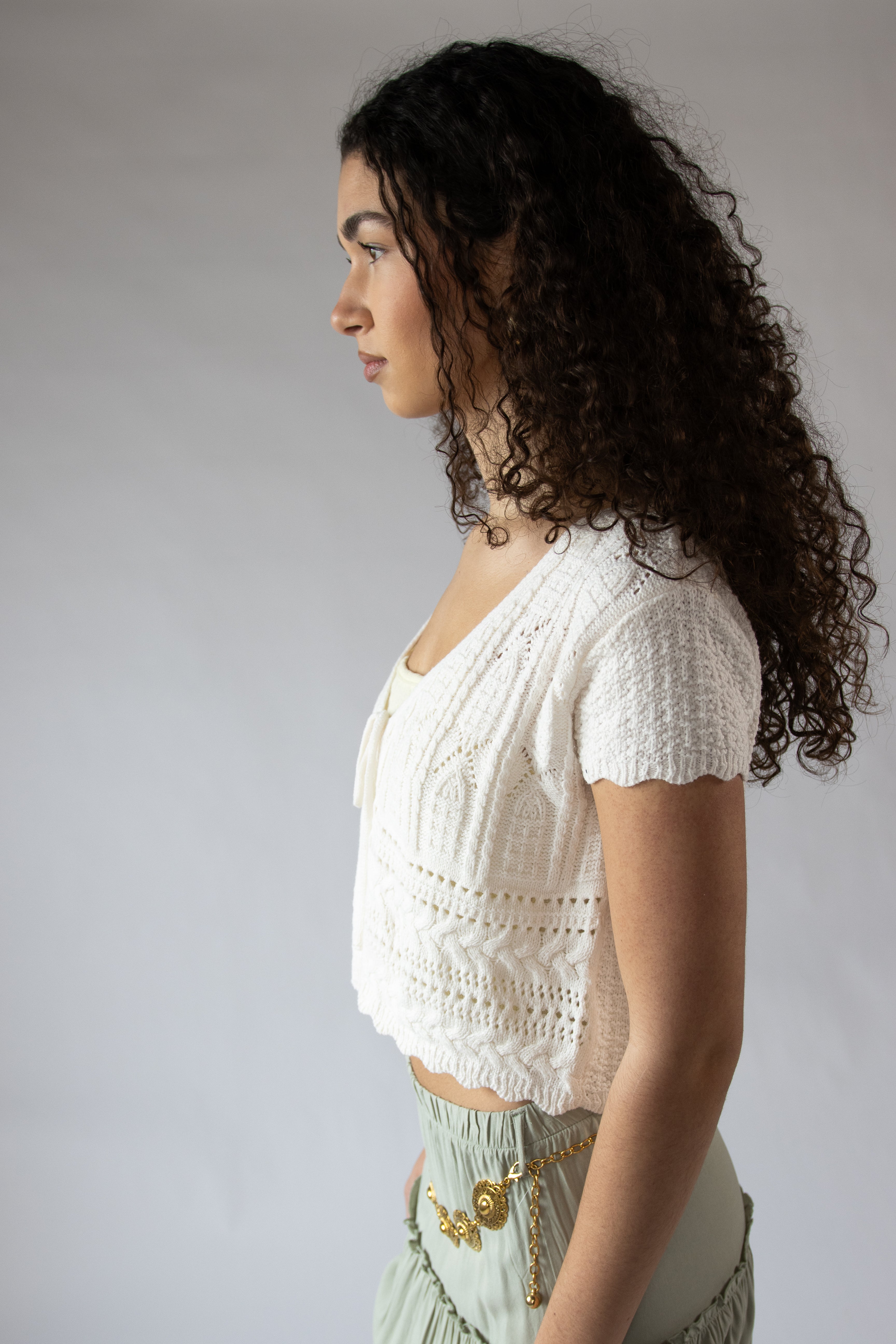 Short Sleeve Pointelle Knit Tie Front Cardigan