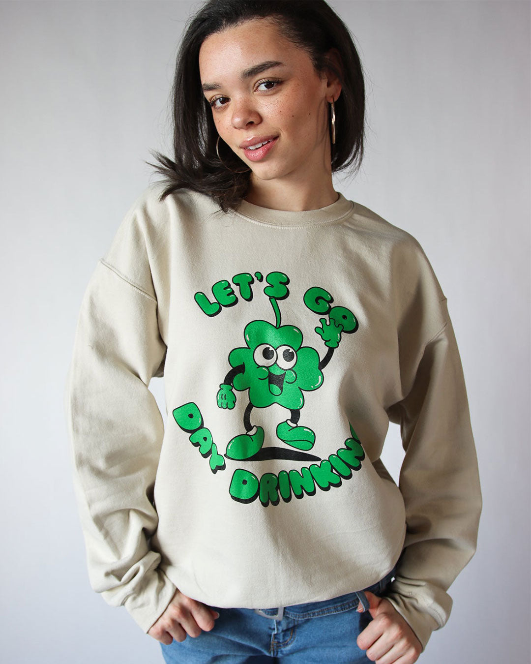 Model wearing "let's go day drinking" sweatshirt