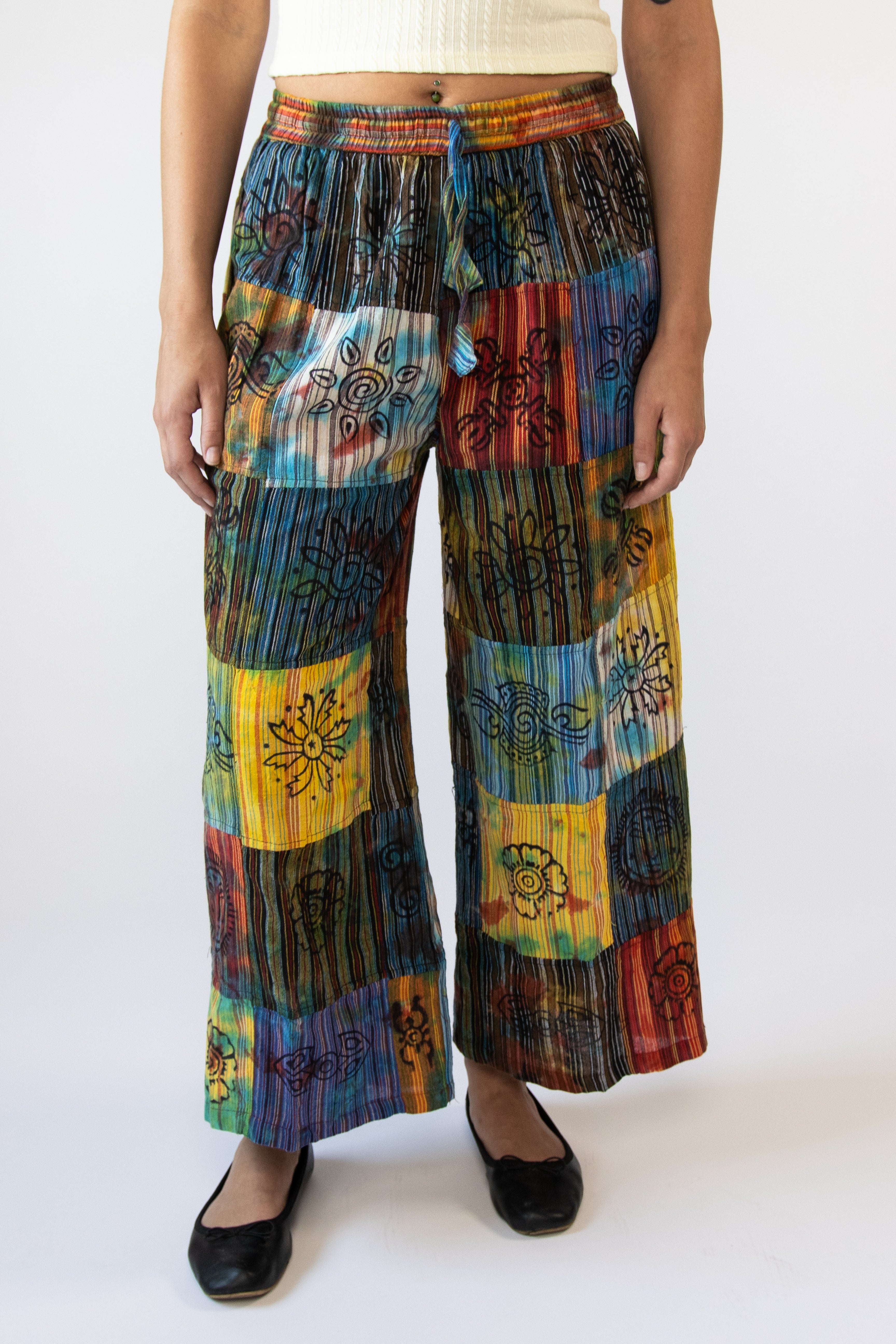 Stamped Tie Dye Wide Leg Patchwork Pants