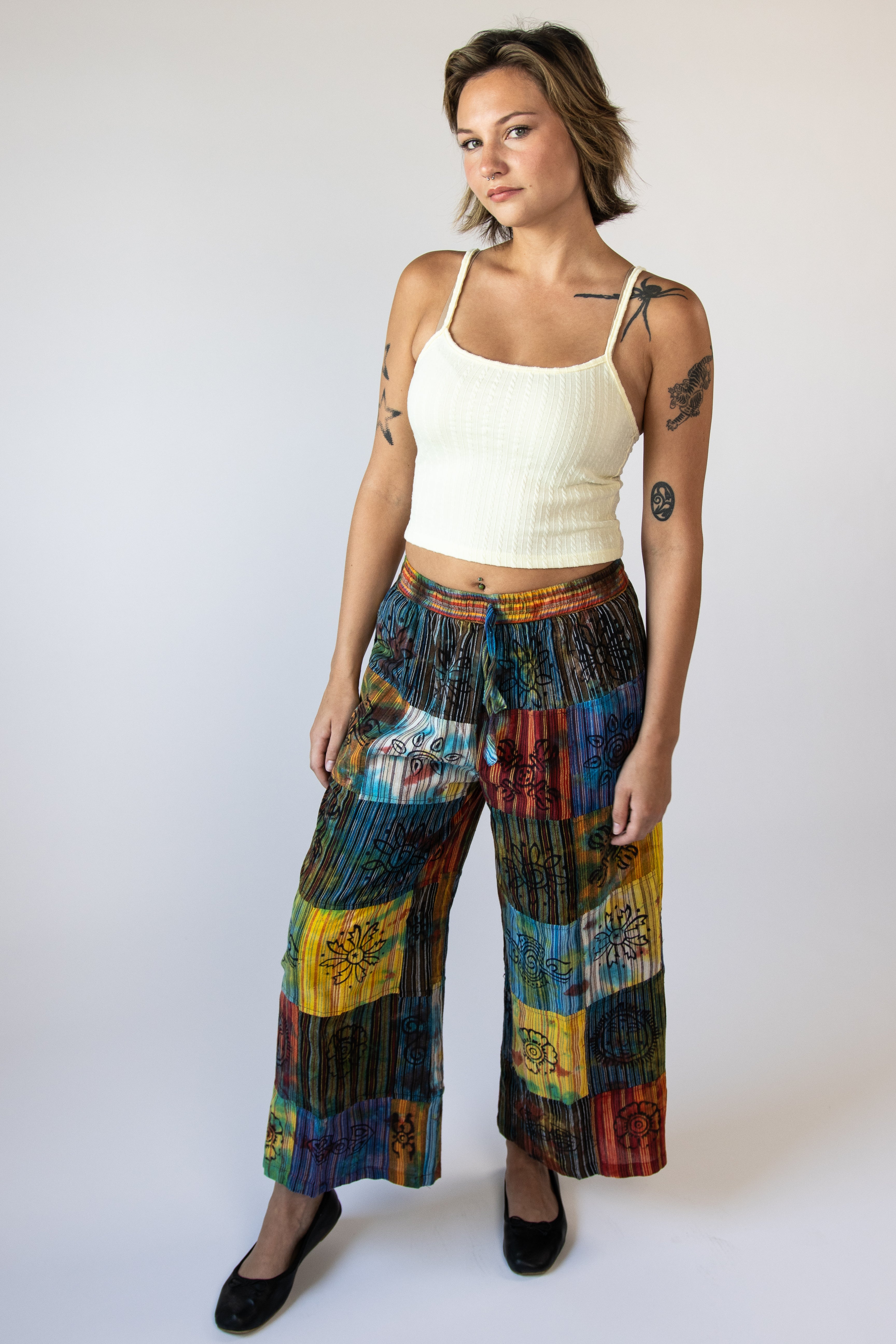 Stamped Tie Dye Wide Leg Patchwork Pants
