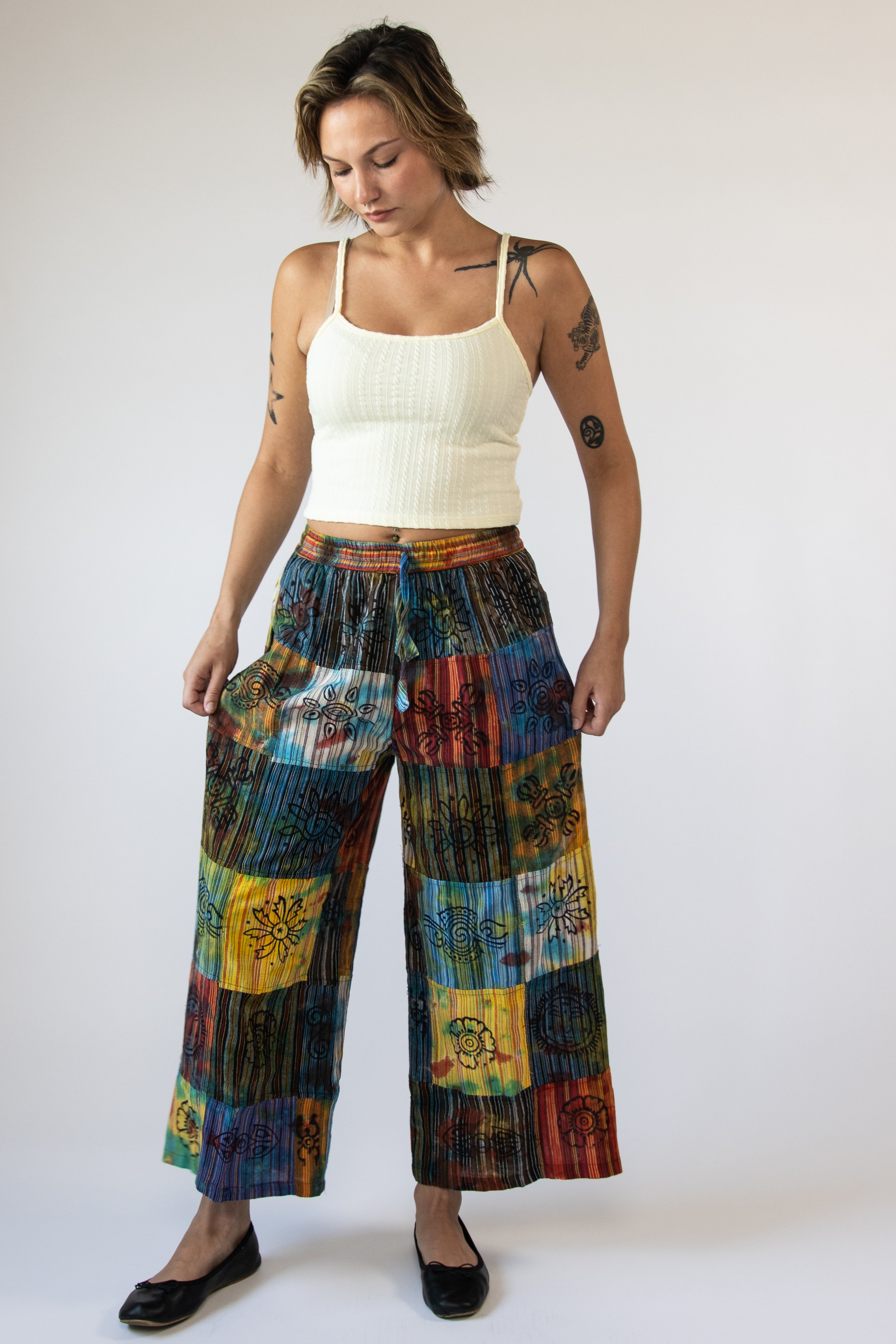 Stamped Tie Dye Wide Leg Patchwork Pants