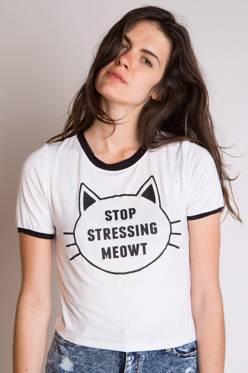 Stressing Meowt Graphic Ringer Crop Tee
