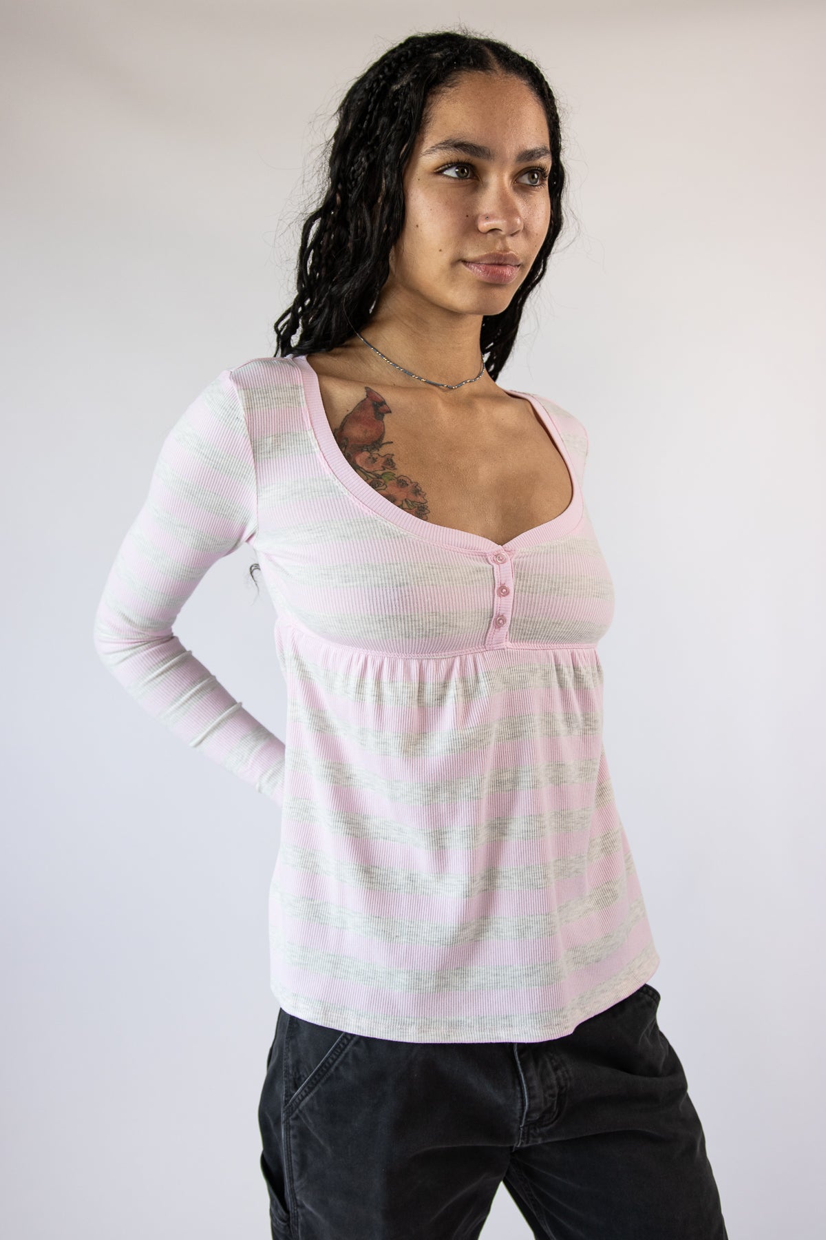 Striped Long Sleeve Babydoll Henley